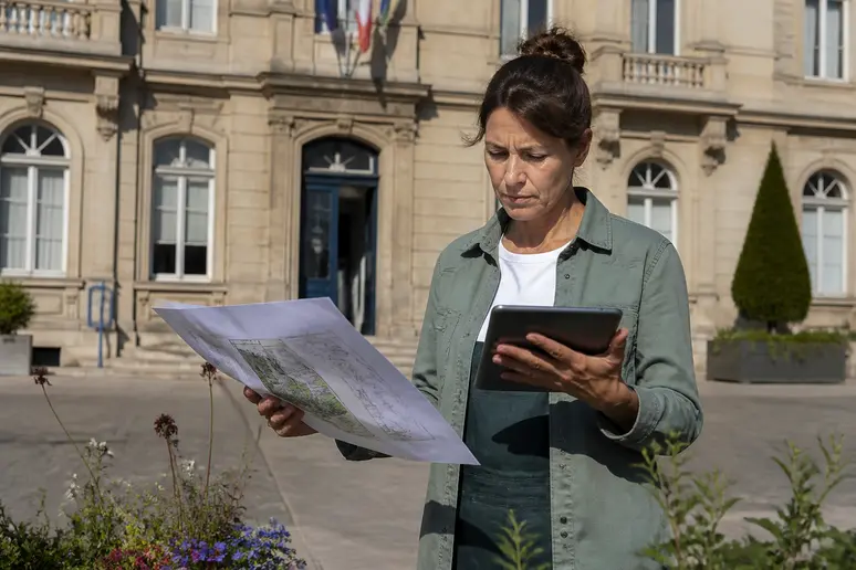 Une femme consulte des plans devant la mairie pour un abri de jardin pour outils.