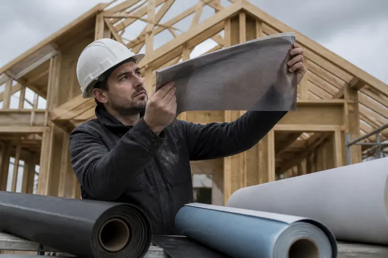 Ouvrier examine différents matériaux de bande d'arase pour ossature bois sur un chantier.