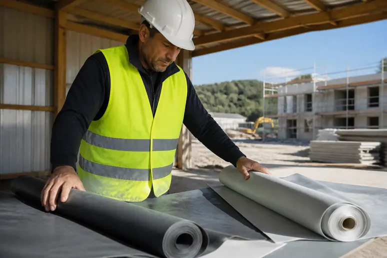 Choix de bande d'arase ossature bois : professionnel examinant différents matériaux de membranes d'étanchéité.