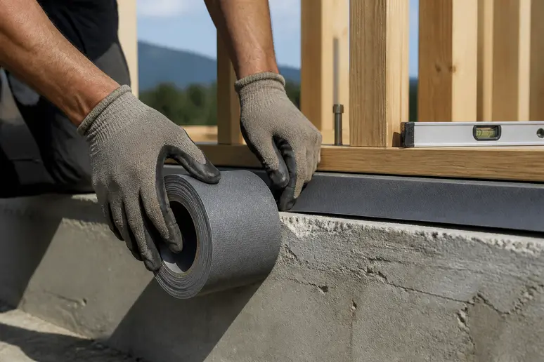 Pose méticuleuse d'une bande d'arase pour ossature bois sur une fondation de béton.