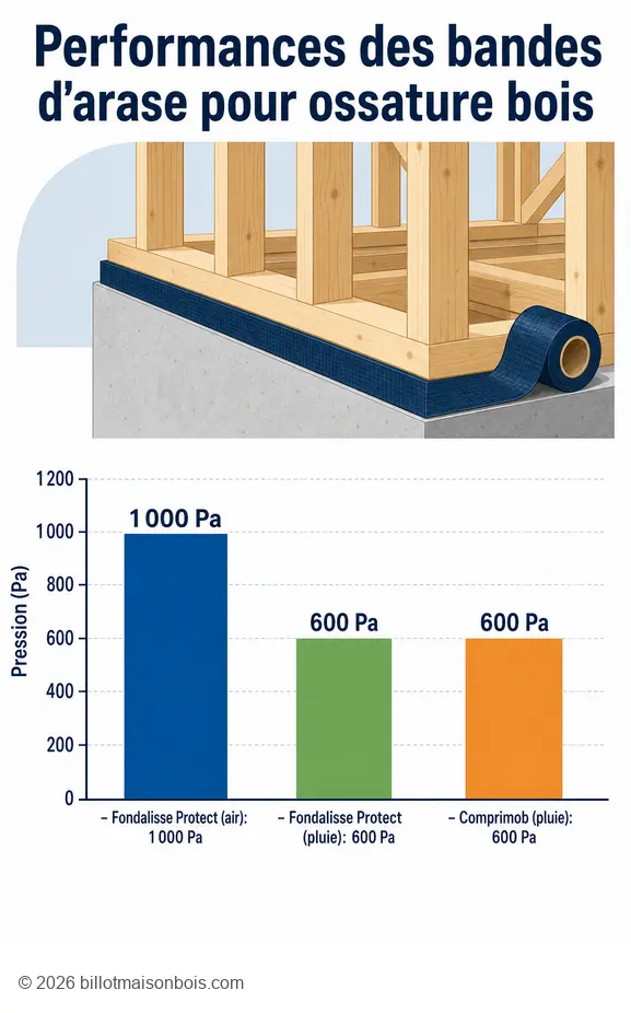 Comparaison des performances de perméabilité à l'air et à la pluie battante pour une bande d'arase ossature bois.