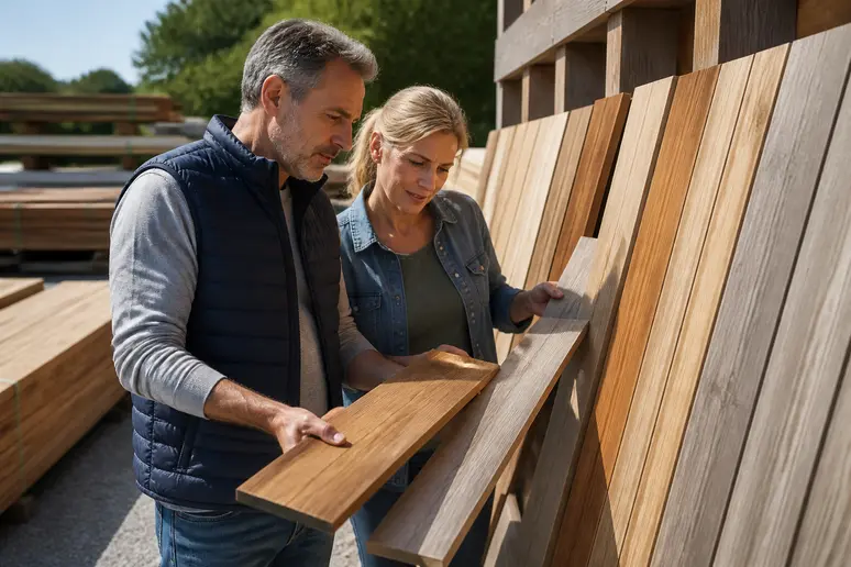 Couple choisissant des lames de bois pour terrasse exotique dans une cour à bois.