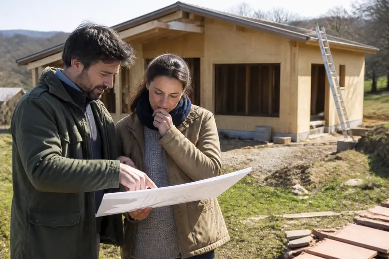 Couple planifiant l'achat d'un bungalow en bois habitable pour leur projet de construction.