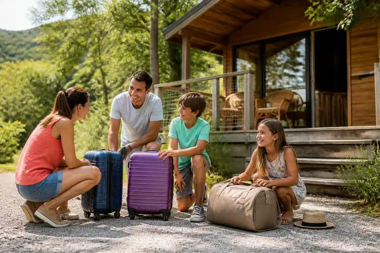 Famille arrivant pour des vacances dans un bungalow en bois accueillant, idéal pour la location saisonnière.