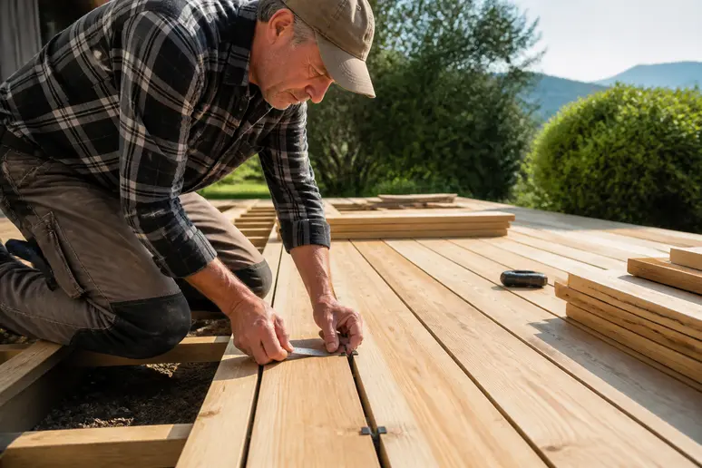 Un homme vérifie l'espacement des lames de terrasse avec une cale bois pour terrasse.