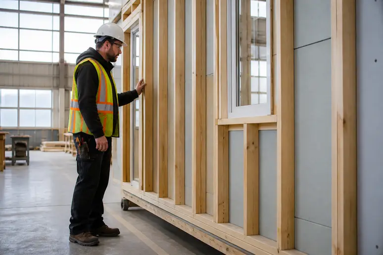 Ouvrier vérifiant un panneau de maison en bois préfabriqué dans une usine canadienne