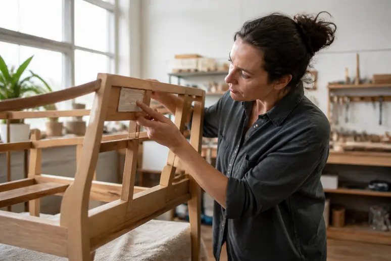 Une femme examine un canapé écologique dans un atelier, vérifiant la qualité des matériaux.