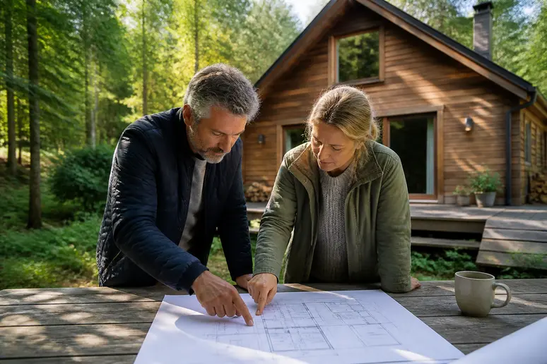 Couple français discutant des plans d'un chalet bois 30m2, planifiant leur futur budget.