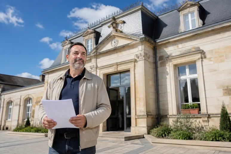 Homme français sortant de la mairie avec des documents pour un chalet bois 30m2.