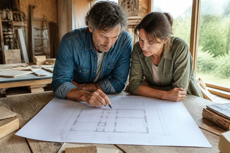 Couple français étudiant les plans d'un chalet bois 40m², estimant les coûts de construction.