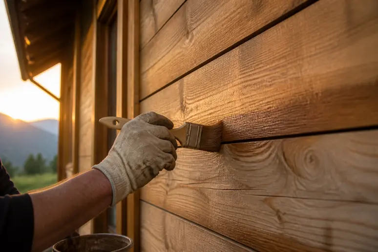 Menuisier français appliquant un produit protecteur sur la façade d'un chalet bois 40m².