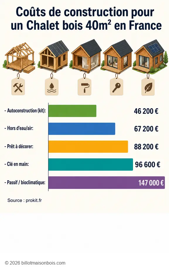 Comparatif des coûts moyens pour un Chalet bois 40m² en France selon la formule de construction.