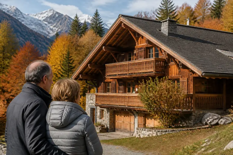 Couple découvrant les caractéristiques d'un chalet en bois, défiant les intempéries.