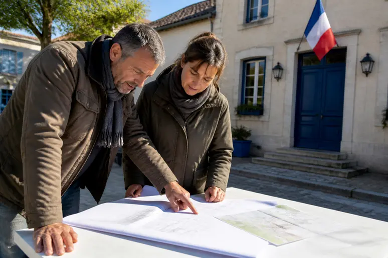 Couple français consultant un document d'urbanisme pour leur Chalet en bois habitable 50m2.