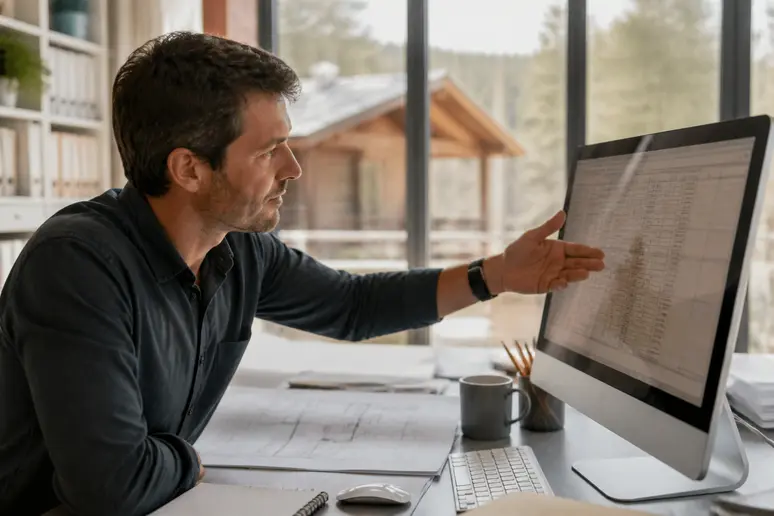 Estimation budgétaire détaillée pour un Chalet en bois habitable 50m2 sur écran d'ordinateur.