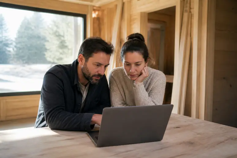 Couple étudiant le budget d'un chalet en bois habitable livré monté 80m2.