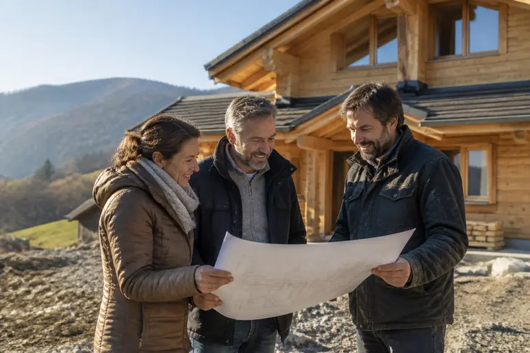 Couple examinant les plans de leur chalet en madrier clé en main avec un constructeur en France.