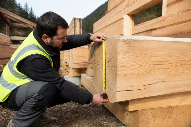 Mesure de l'épaisseur d'un madrier pour un chalet en bois, facteur technique clé.
