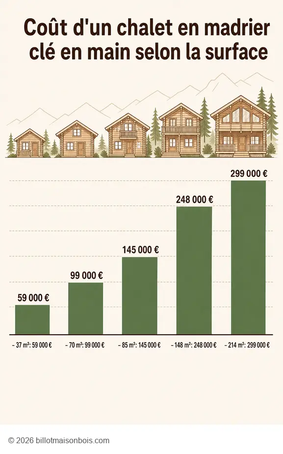Comparaison des prix d'un chalet en madrier clé en main selon sa superficie.