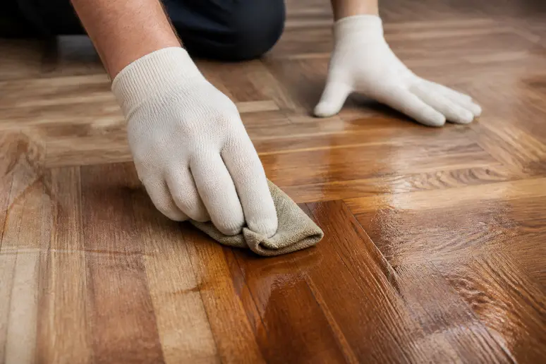 Application soignée de cire parquet bois en couches fines sur un sol en bois naturel.