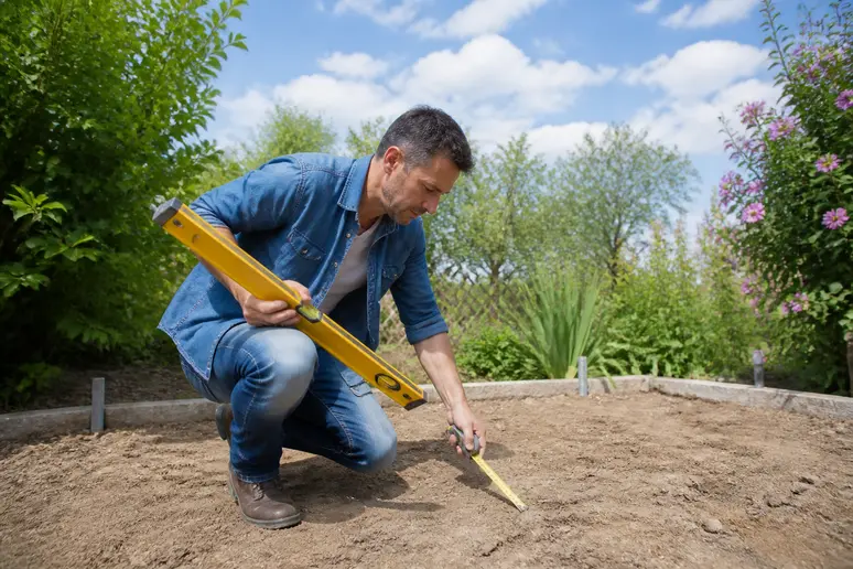 Un homme en France évalue le terrain pour construire un abri de jardin.