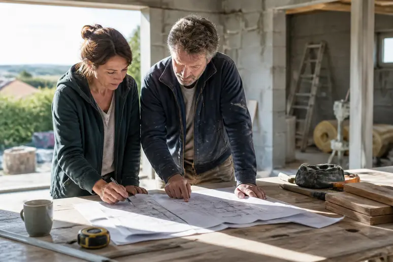 Couple français étudiant les plans pour construire sa maison soi meme, dans une maison en chantier.
