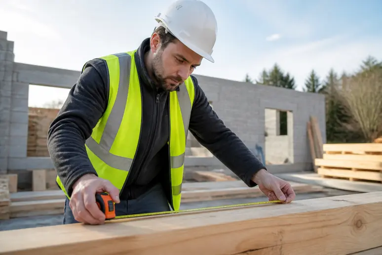Homme français mesurant une poutre en bois, étapes clés pour construire sa maison soi meme.