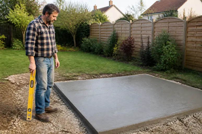 Réalisation d'une dalle béton pour abri de jardin stable et isolante.