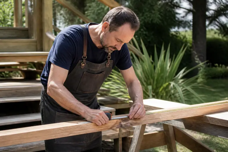 Construction d'un escalier terrasse bois : mesure d'une lame par un artisan français