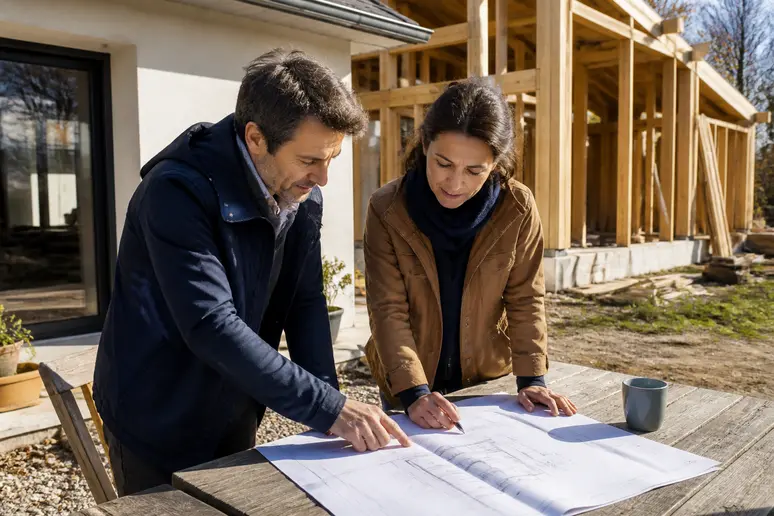 Couple français discutant des plans pour une extension maison bois kit.
