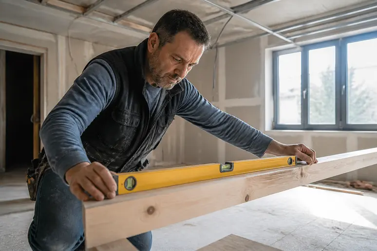 Menuisier vérifiant la planéité d'une poutre pour un faux plafond ossature bois.