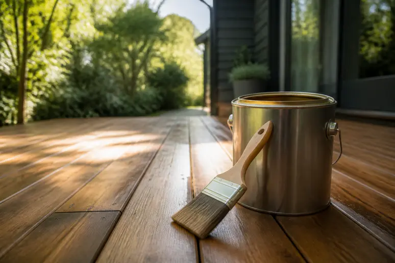 Application d'une huile pour terrasse bois sur un bois naturel et brut.