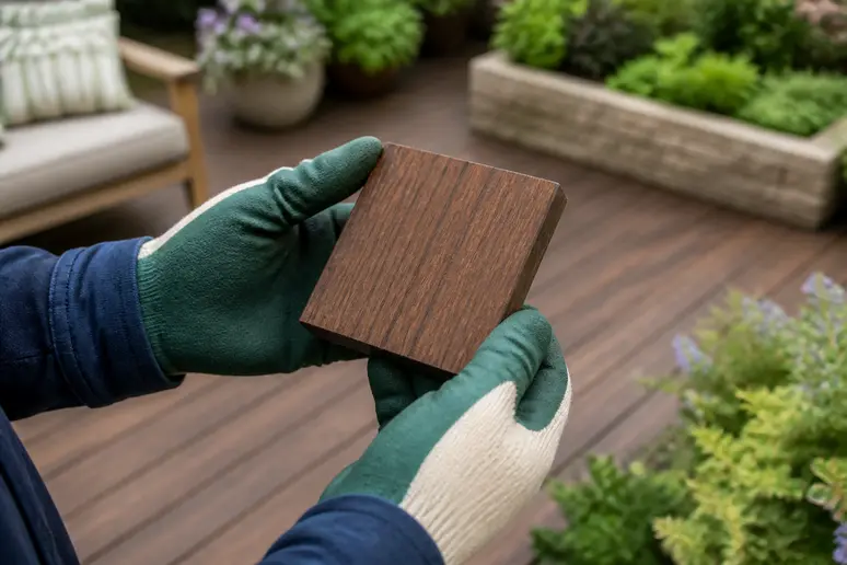 Test de teinte d'huile pour terrasse bois sur un échantillon de bois.