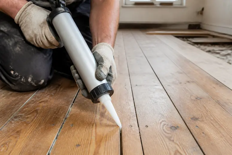 Pose d'un joint parquet bois : application méticuleuse dans les interstices.