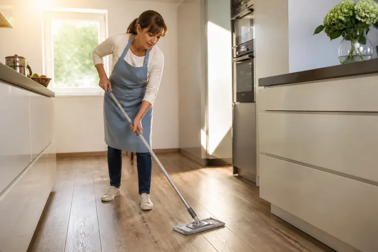 Nettoyage facile d'un parquet stratifié dans une cuisine moderne par une femme. Lame de parquet bois aspect réaliste.