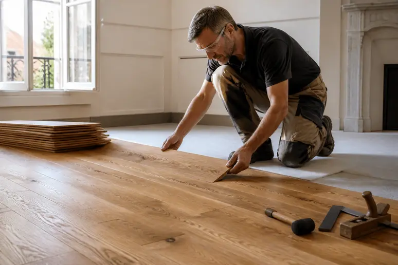 Pose d'une lame de parquet bois massif par un artisan dans un salon lumineux.