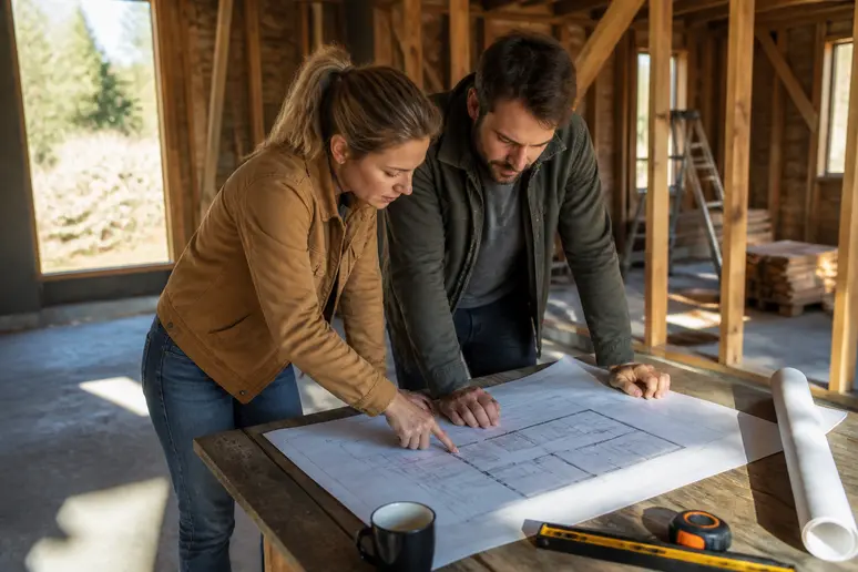 Couple français planifiant leur maison autoconstruction bois selon la RE2020.