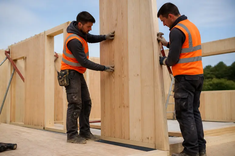 Montage d'un mur préfabriqué pour une maison autoconstruction bois en kit.