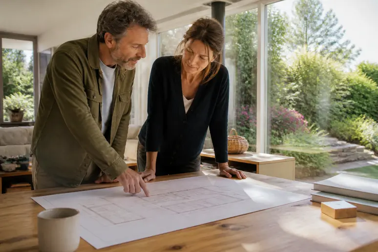 Couple français examinant le plan d'une maison bioclimatique conforme RE2020.