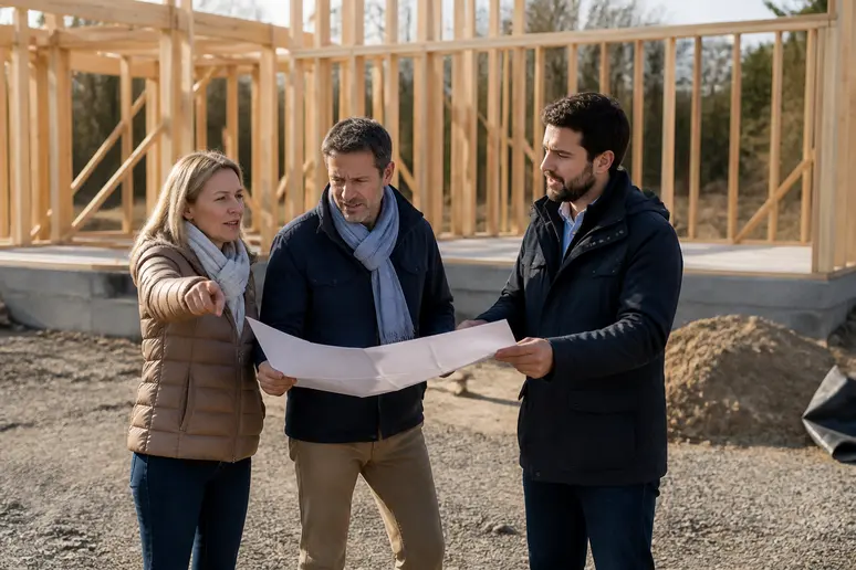 Couple discutant avec un architecte devant une maison bois d'architecte en construction.