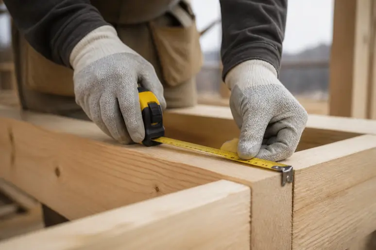 Menuisier mesurant une essence de bois pour une maison bois d'architecte.