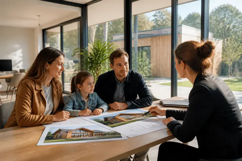 Famille discutant d'une maison bois contemporaine dans une agence immobilière lumineuse en France.