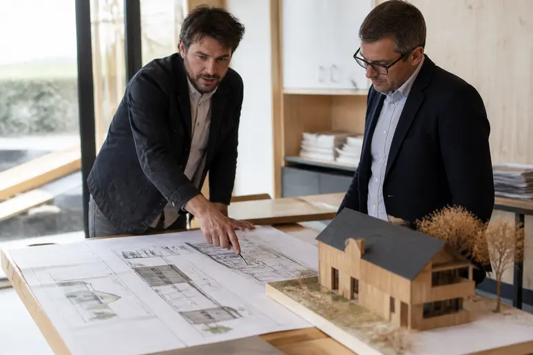 Plans et maquette d'une maison bois contemporaine analysés par un professionnel en bureau de chantier.
