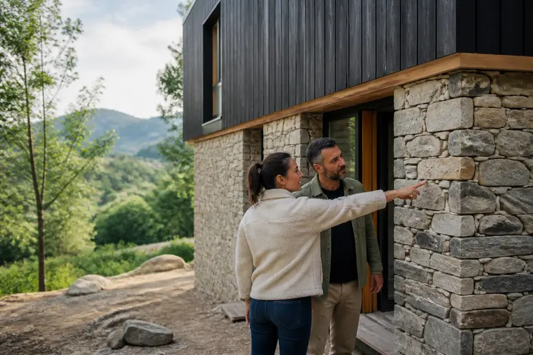 Couple examinant une maison bois et pierre moderne en construction, alliant bois et roche.