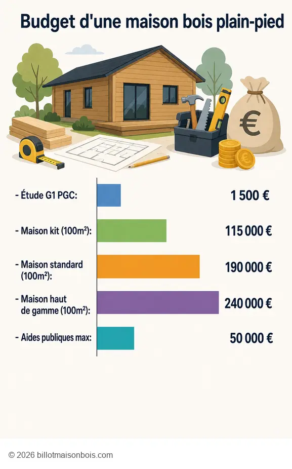 Synthèse du budget d'une maison bois plain-pied : étude, kit, standard, haut de gamme et aides.