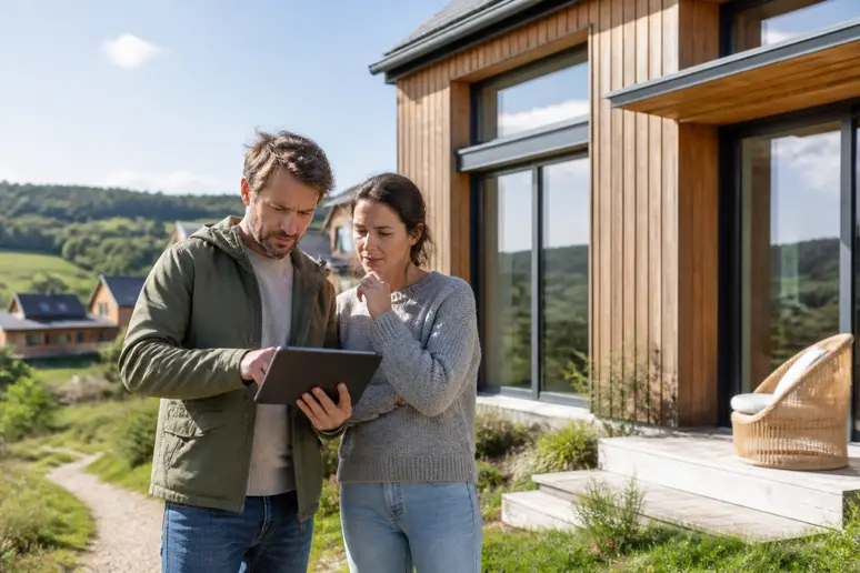 Couple évaluant le coût d'une maison écologique en bois face à une habitation traditionnelle.