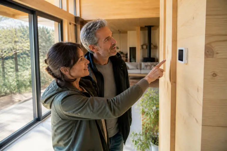 Couple dans une maison écologique en kit vérifiant la performance énergétique de leur foyer.