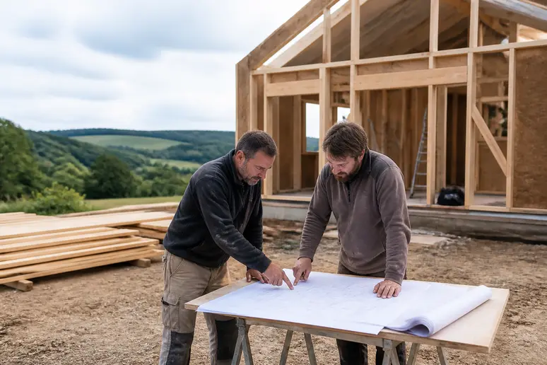 Artisans discutant du budget pour construire une maison écologique en kit sur un chantier.