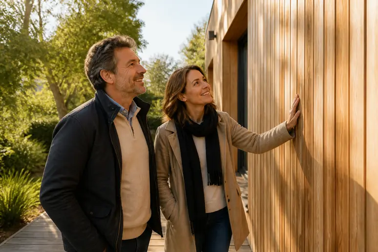 Couple examine la façade en bois d'une maison, avis sur la durabilité de la maison en bois.