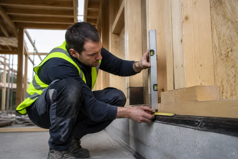 Artisan vérifie l'étanchéité d'une maison en bois, avis sur les maisons en bois et l'humidité.